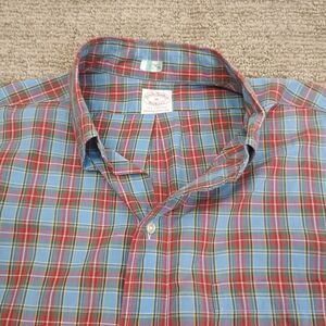 Vintage Brooks Brothers Makers Shirt Men 16 Blue Plaid Short Sleeve Button Up